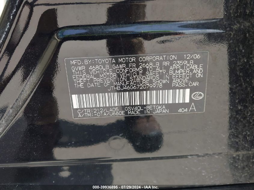 2007 Lexus Es 350 VIN: JTHBJ46G672079978 Lot: 39936895