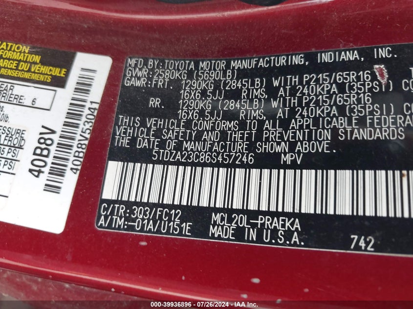 2006 Toyota Sienna Ce/Le VIN: 5TDZA23C86S457246 Lot: 39936896