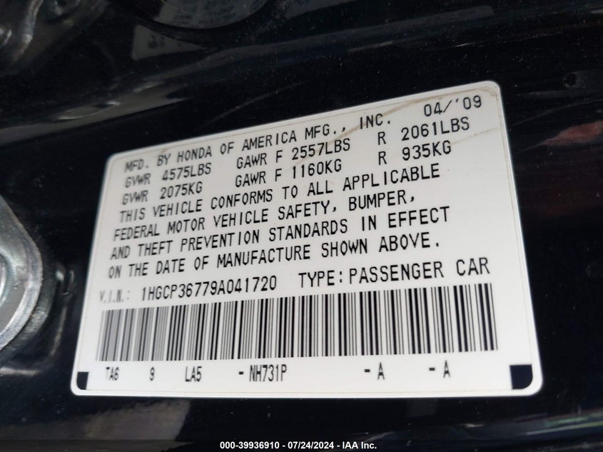 2009 Honda Accord 3.5 Ex VIN: 1HGCP36779A041720 Lot: 39936910