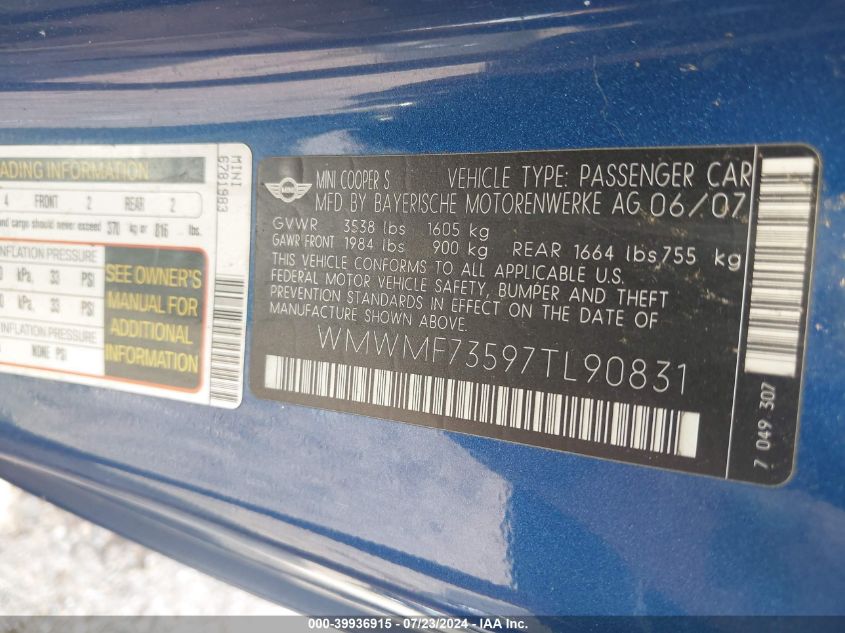 2007 Mini Cooper S S VIN: WMWMF73597TL90831 Lot: 39936915