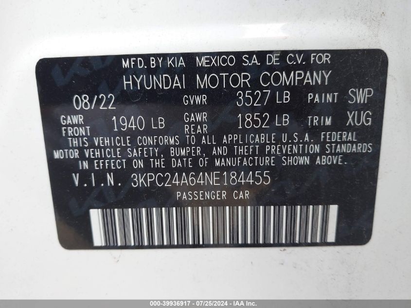 2022 Hyundai Accent Se VIN: 3KPC24A64NE184455 Lot: 39936917