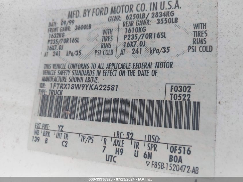 2000 Ford F-150 Lariat/Work Series/Xl/Xlt VIN: 1FTRX18W9YKA22581 Lot: 39936928