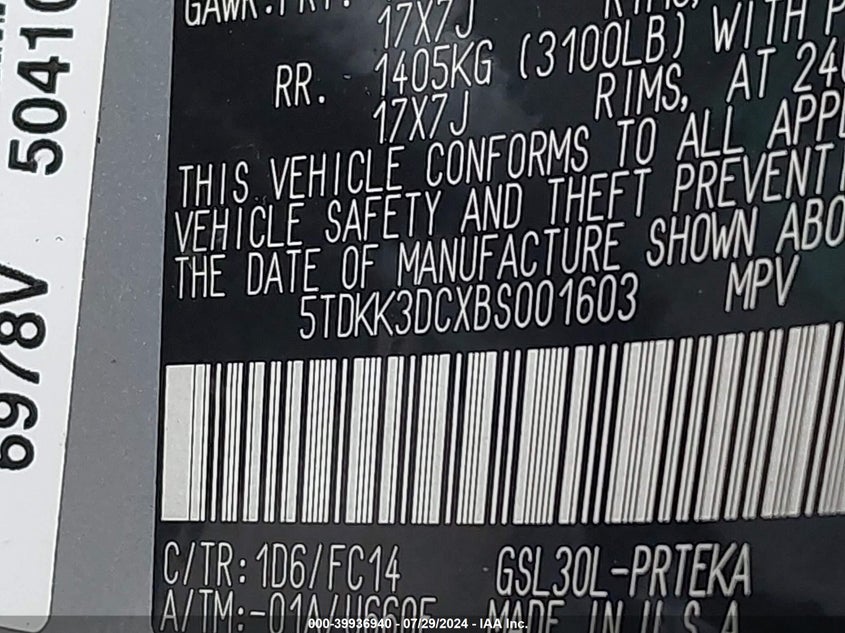 2011 Toyota Sienna Le VIN: 5TDKK3DCXBS001603 Lot: 39936940