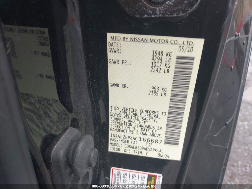 2010 Nissan Altima S VIN: 1N4AL2EP8AC166687 Lot: 39936994