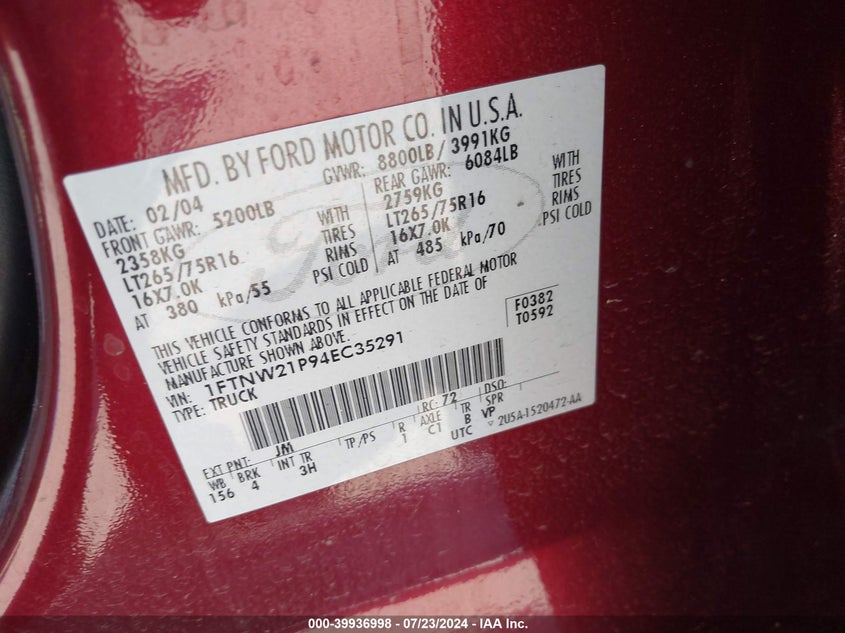 2004 Ford F-250 Lariat/Xl/Xlt VIN: 1FTNW21P94EC35291 Lot: 39936998