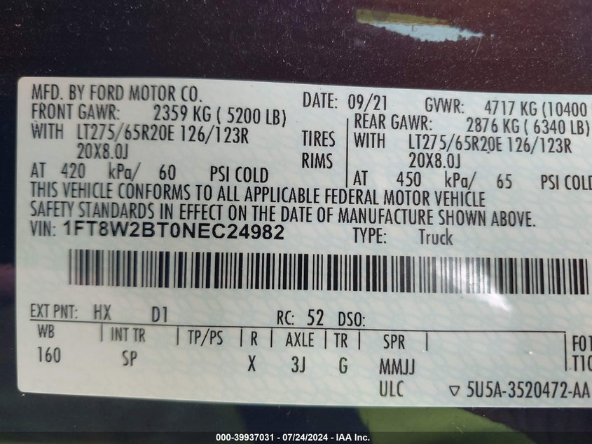2022 Ford F250 Super Duty VIN: 1FT8W2BT0NEC24982 Lot: 39937031