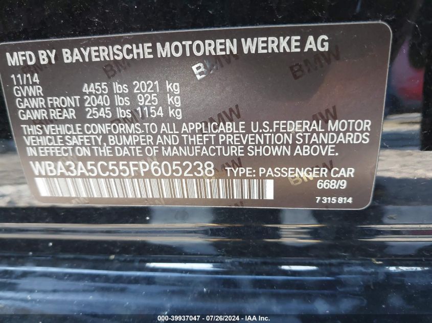 2015 BMW 328I I VIN: WBA3A5C55FP605238 Lot: 39937047