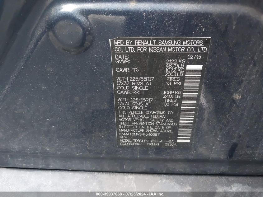 2015 Nissan Rogue S VIN: KNMAT2MV1FP540387 Lot: 39937068