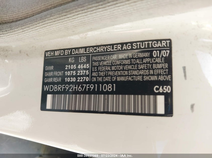 2007 Mercedes-Benz C 280 Luxury 4Matic VIN: WDBRF92H67F911081 Lot: 39937069