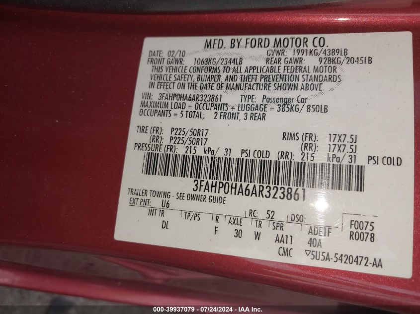 2010 Ford Fusion Se VIN: 3FAHP0HA6AR323861 Lot: 39937079