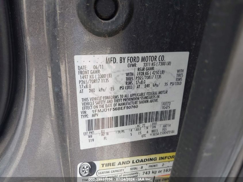 2011 Ford Expedition Xl VIN: 1FMJU1F56BEF50760 Lot: 39937094