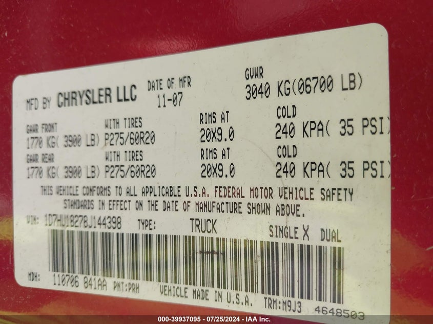 2008 Dodge Ram 1500 Slt VIN: 1D7HU18278J144398 Lot: 39937095