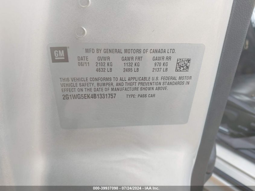 2011 Chevrolet Impala Lt VIN: 2G1WG5EK4B1331757 Lot: 39937098