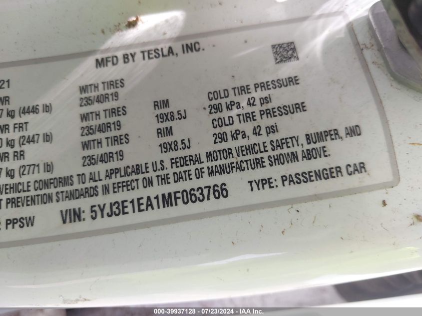 2021 Tesla Model 3 Standard Range Plus Rear-Wheel Drive VIN: 5YJ3E1EA1MF063766 Lot: 39937128