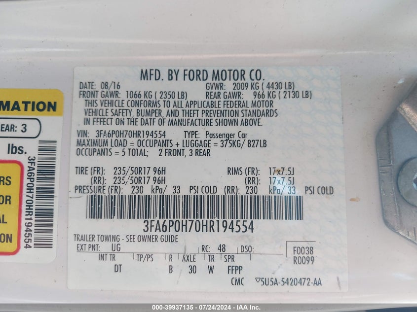 2017 Ford Fusion Se VIN: 3FA6P0H70HR194554 Lot: 39937135