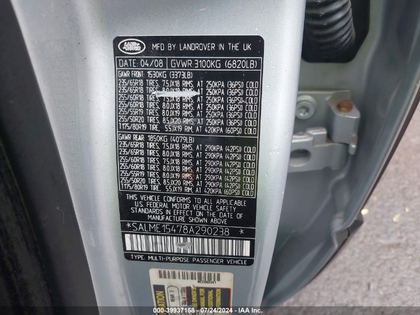 2008 Land Rover Range Rover Hse VIN: SALME15478A290238 Lot: 39937158