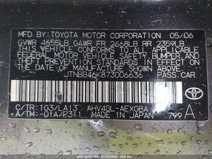 2007 Toyota Camry Hybrid VIN: JTNBB46K873006636 Lot: 39937160