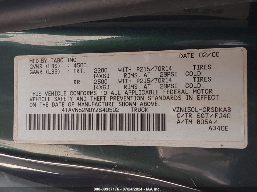2000 Toyota Tacoma Base V6 VIN: 4TAVN52N0YZ640502 Lot: 39937176
