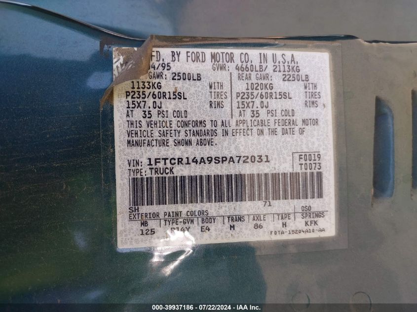 1995 Ford Ranger Super Cab VIN: 1FTCR14A9SPA72031 Lot: 39937186