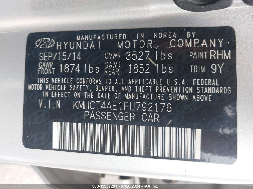 2015 Hyundai Accent Gls VIN: KMHCT4AE1FU792176 Lot: 39937201