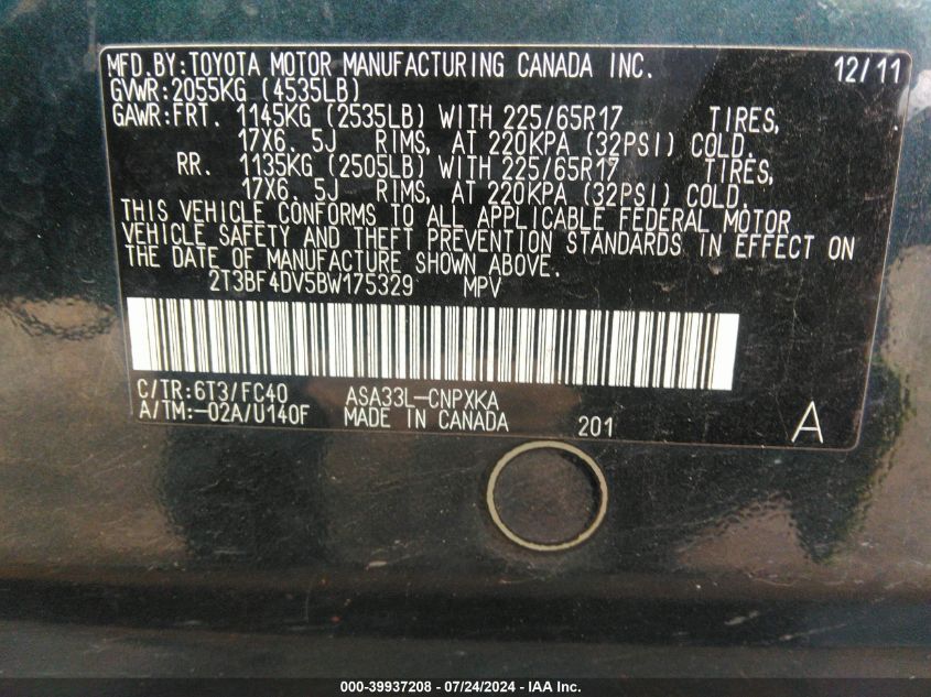 2011 Toyota Rav4 VIN: 2T3BF4DV5BW175329 Lot: 39937208