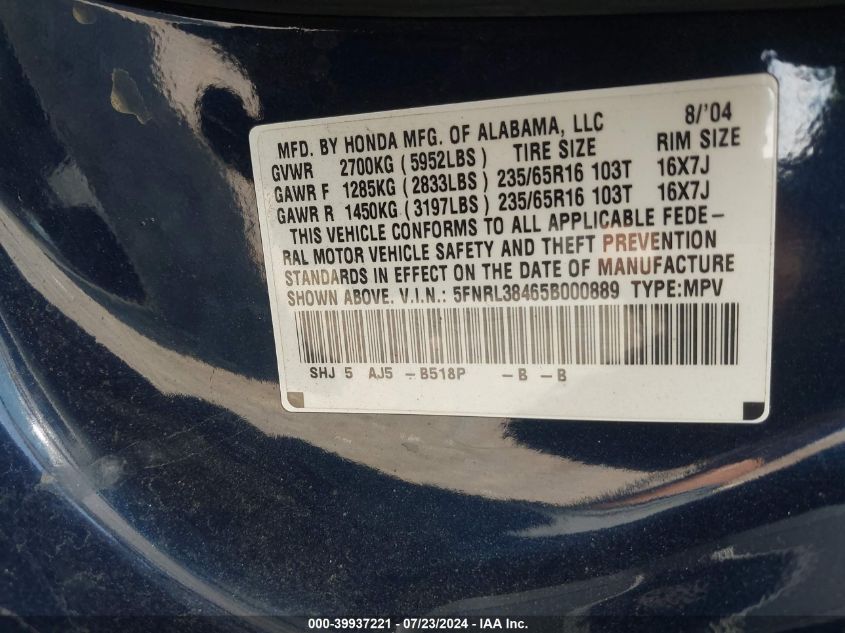 2005 Honda Odyssey Ex VIN: 5FNRL38465B000889 Lot: 39937221