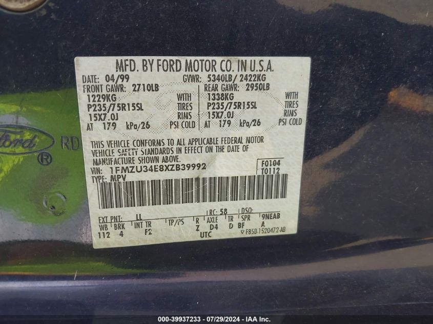 1999 Ford Explorer Eddie Bauer/Limited/Xlt VIN: 1FMZU34E8XZB39992 Lot: 39937233