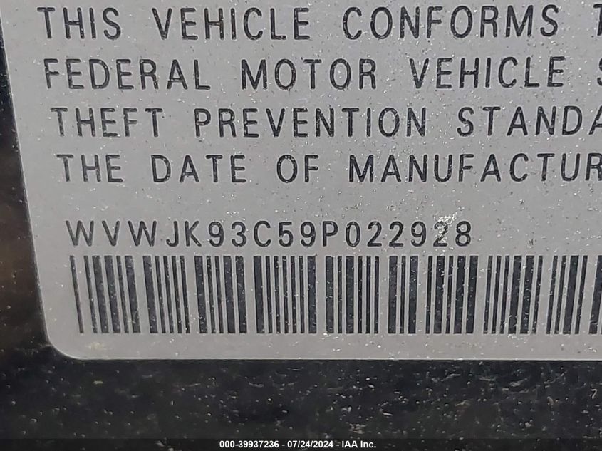 2009 Volkswagen Passat Komfort VIN: WVWJK93C59P022928 Lot: 39937236