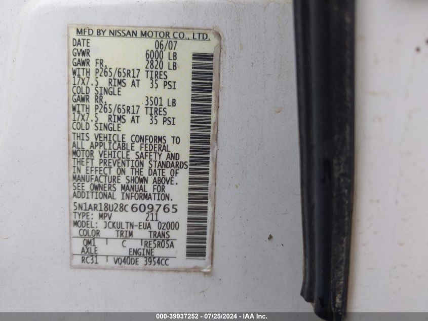 2008 Nissan Pathfinder S/Le/Se VIN: 5N1AR18U28C609765 Lot: 39937252