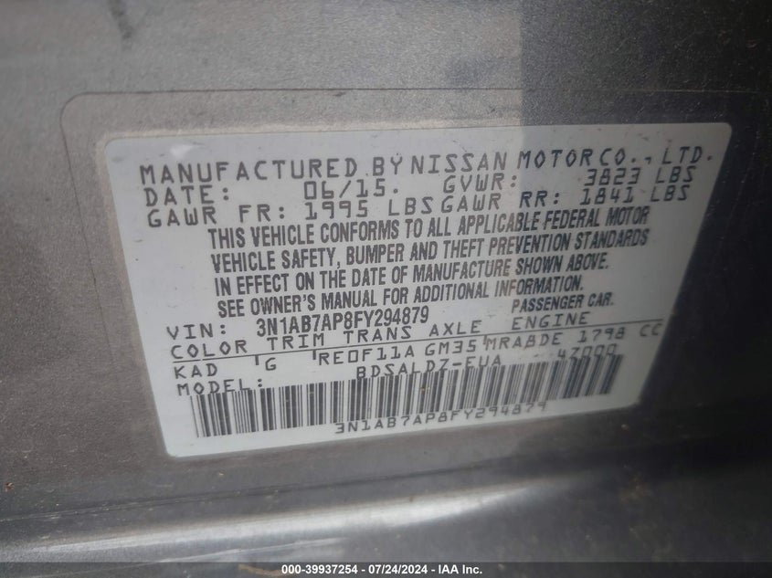 2015 Nissan Sentra Sv VIN: 3N1AB7AP8FY294879 Lot: 39937254