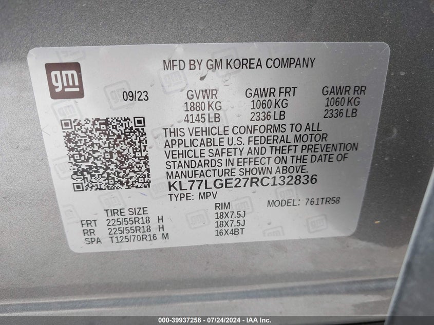 VIN KL77LGE27RC132836 2024 CHEVROLET TRAX 1RS