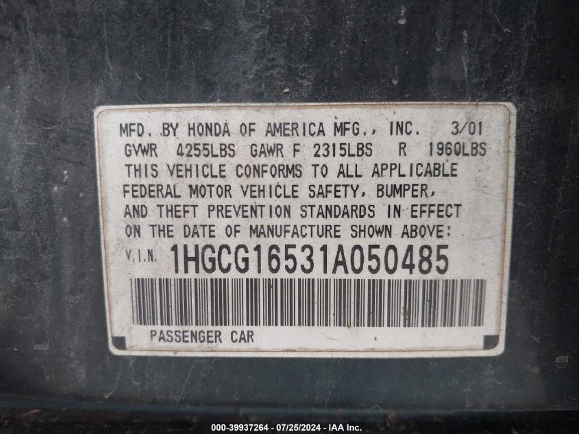 2001 Honda Accord 3.0 Ex VIN: 1HGCG16531A050485 Lot: 39937264