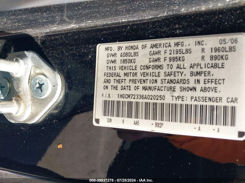 2006 Honda Accord 2.4 Lx VIN: 1HGCM72336A020250 Lot: 39937278