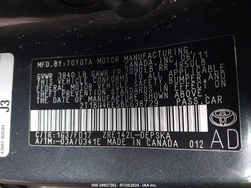 2011 Toyota Corolla S VIN: 2T1BU4EE5BC638729 Lot: 39937282