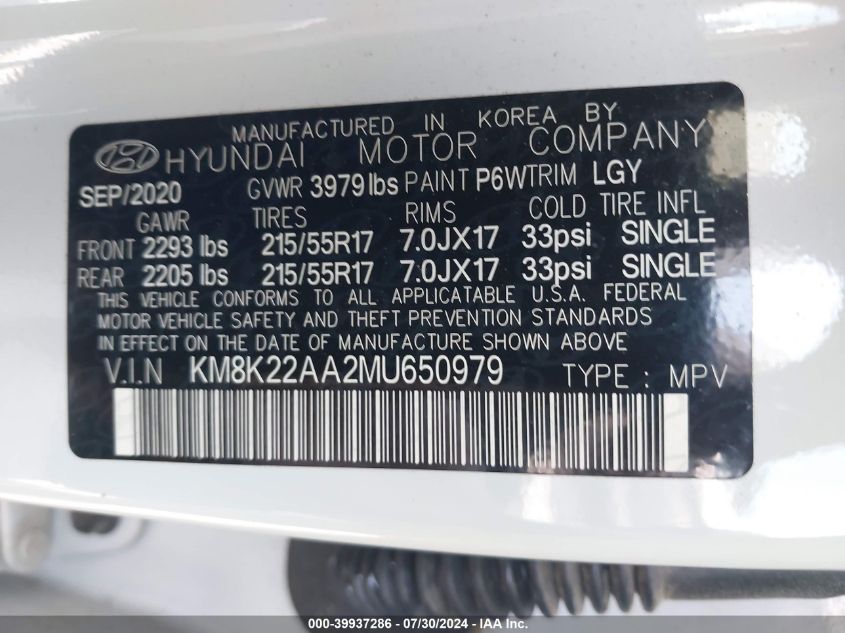 2021 Hyundai Kona Sel VIN: KM8K22AA2MU650979 Lot: 39937286