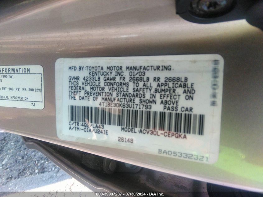 2003 Toyota Camry Le/Xle/Se VIN: 4T1BE30K63U171793 Lot: 39937287