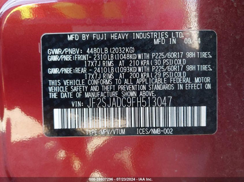 2015 Subaru Forester 2.5I Premium VIN: JF2SJADC9FH513047 Lot: 39937296