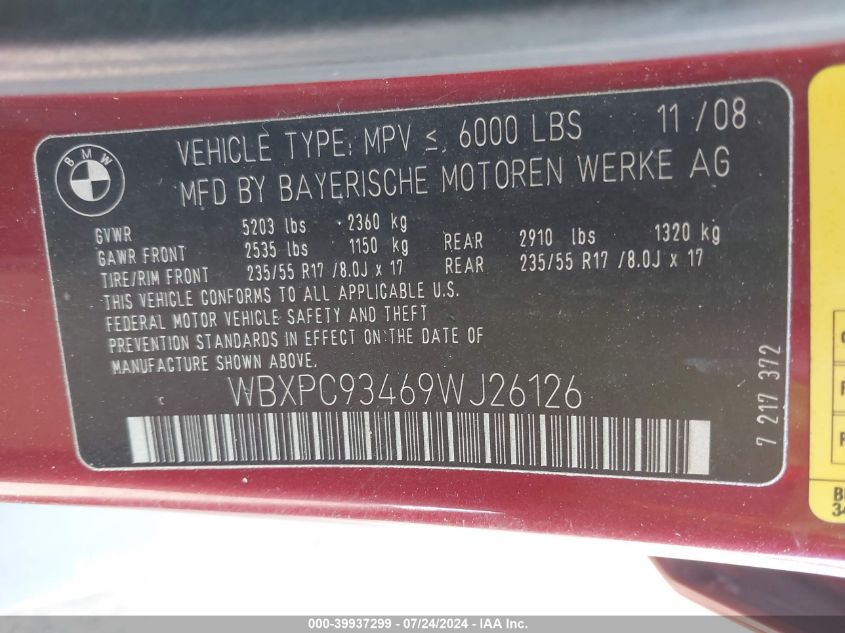 2009 BMW X3 xDrive30I VIN: WBXPC93469WJ26126 Lot: 39937299