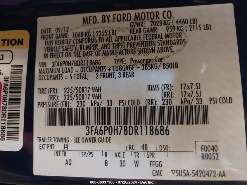 2013 Ford Fusion Se VIN: 3FA6P0H78DR118686 Lot: 39937306