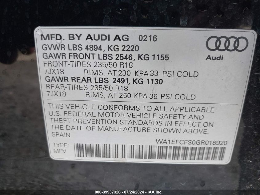 WA1EFCFS0GR018920 2016 Audi Q3 2.0T Premium Plus