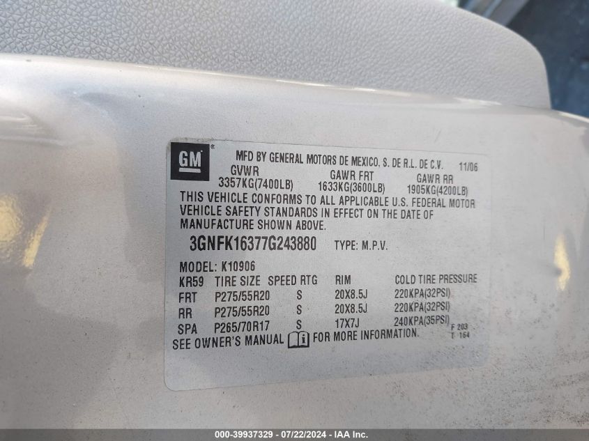 2007 Chevrolet Suburban 1500 Ltz VIN: 3GNFK16377G243880 Lot: 39937329