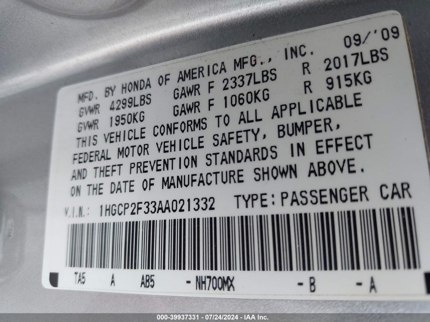 2010 Honda Accord 2.4 Lx VIN: 1HGCP2F33AA021332 Lot: 39937331