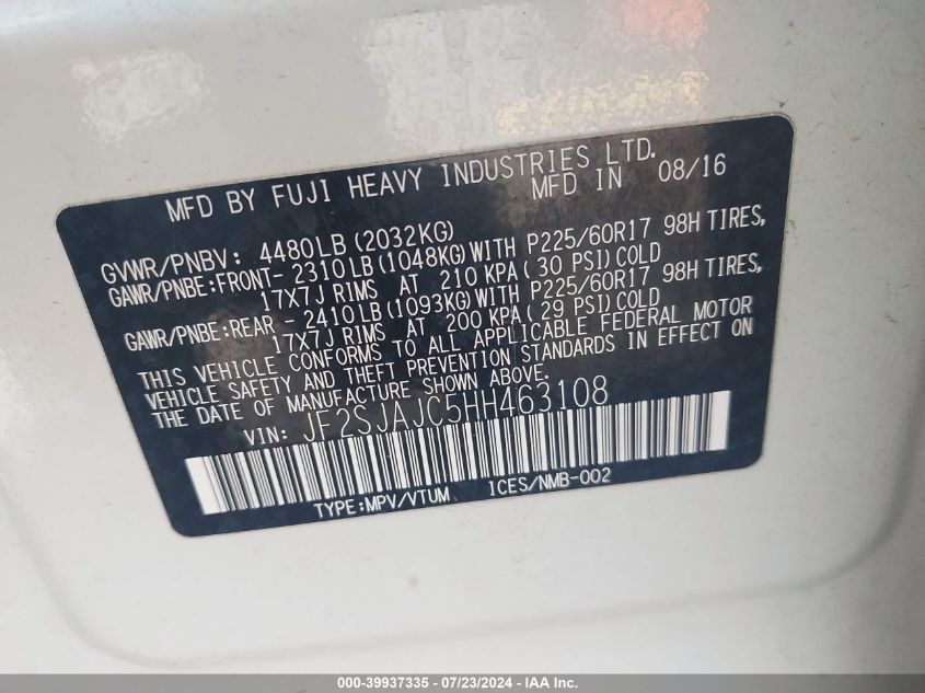 2017 Subaru Forester 2.5I Limited VIN: JF2SJAJC5HH463108 Lot: 39937335