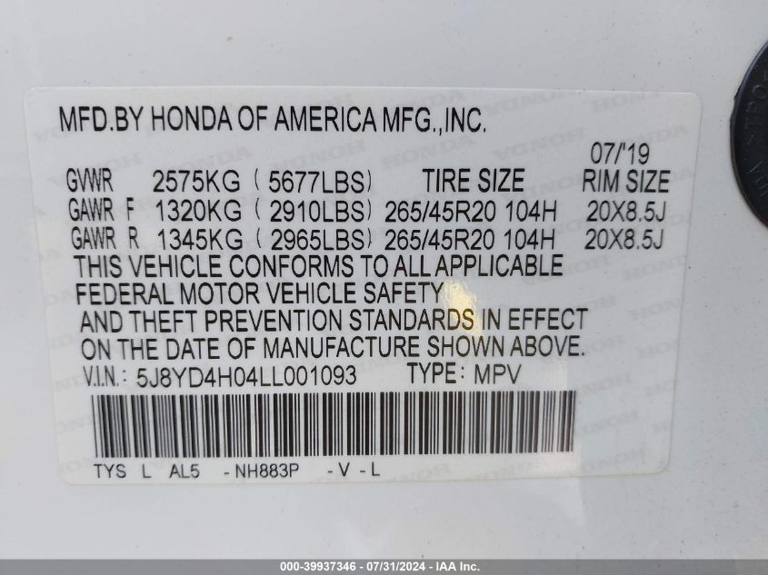 5J8YD4H04LL001093 2020 Acura Mdx Technology A-Spec Packages