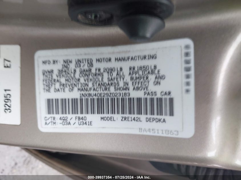 2009 Toyota Corolla S/Le/Xle VIN: 1NXBU40E29Z023183 Lot: 39937354