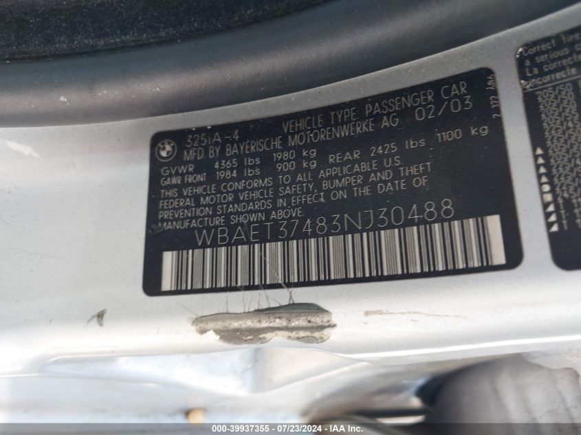 2003 BMW 325I VIN: WBAET37483NJ30488 Lot: 39937355
