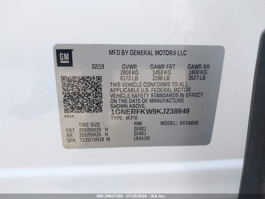 2019 Chevrolet Traverse Ls VIN: 1GNERFKW9KJ238949 Lot: 39937358