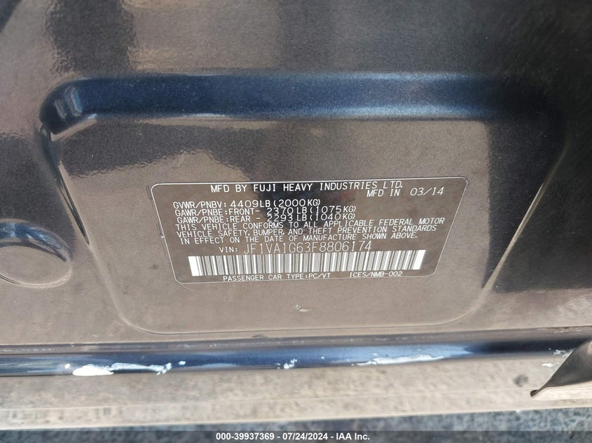 2015 SUBARU WRX LIMITED - JF1VA1G63F8806174