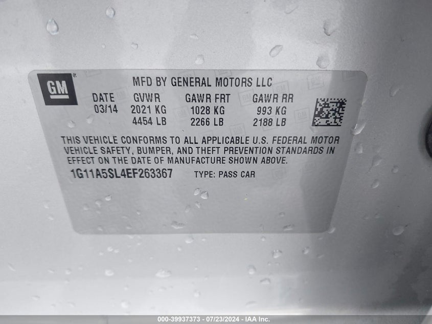 2014 Chevrolet Malibu 1Fl VIN: 1G11A5SL4EF263367 Lot: 39937373