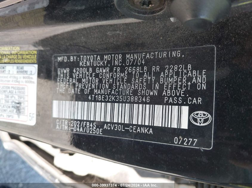 2005 Toyota Camry Le/Xle/Se VIN: 4T1BE32K35U388346 Lot: 39937374